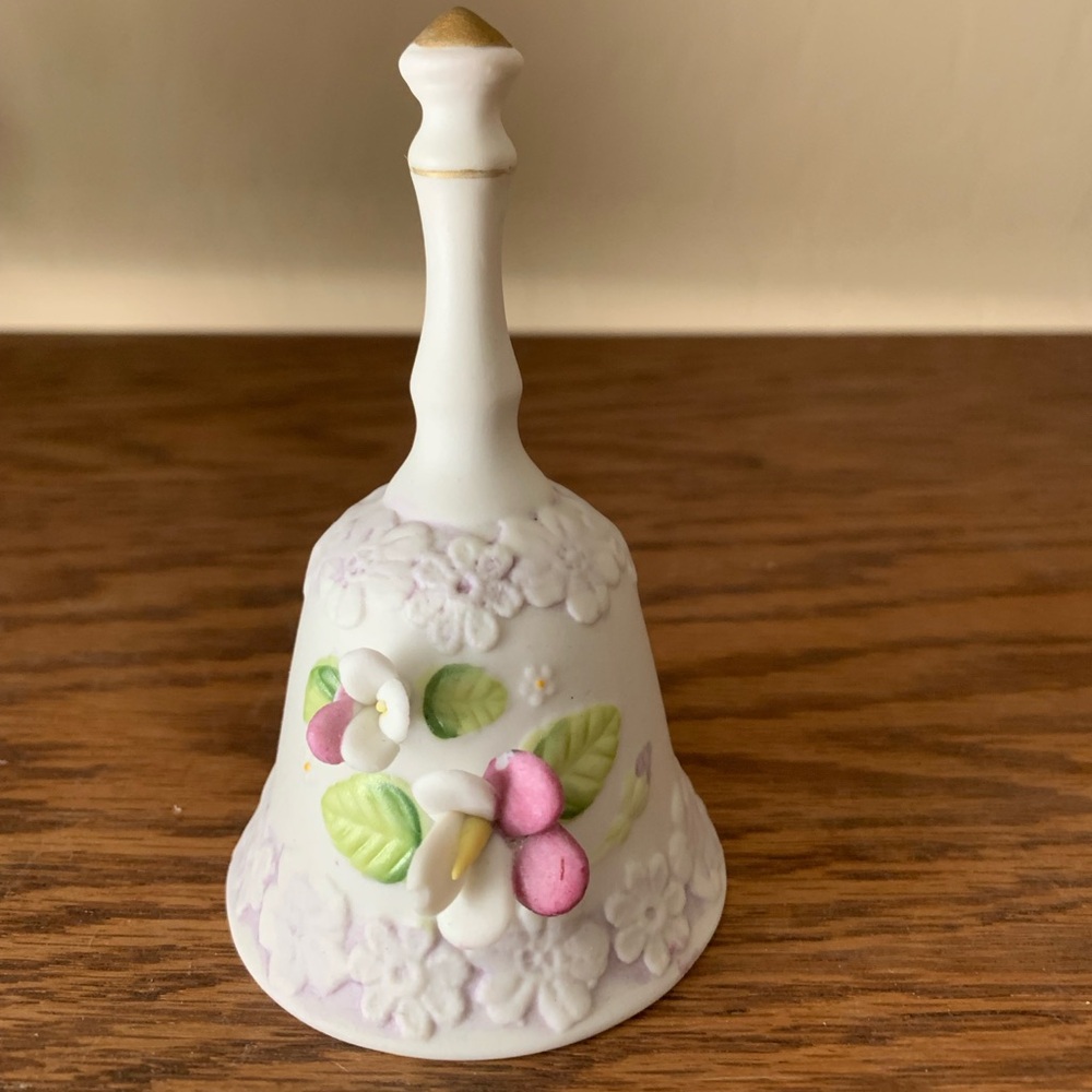 LEFTON White Floral Decorative Bell with Pink and Green Accents Signed Inside